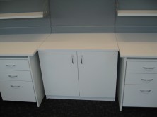 Shows 900 L X 450 W X 725 H 2 Hinged Door Credenza Sitting Between 2 X 600 W Desks